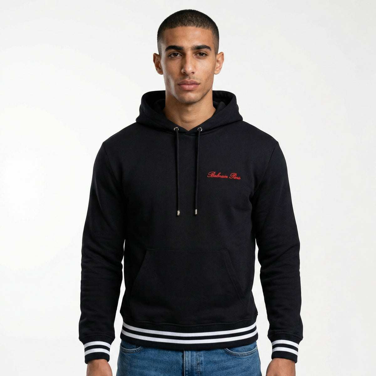 Balmain Paris Contrast Rib Hem Hoodie in Black