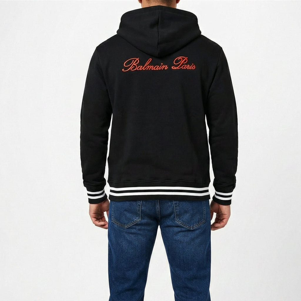 Balmain Paris Contrast Rib Hem Hoodie in Black