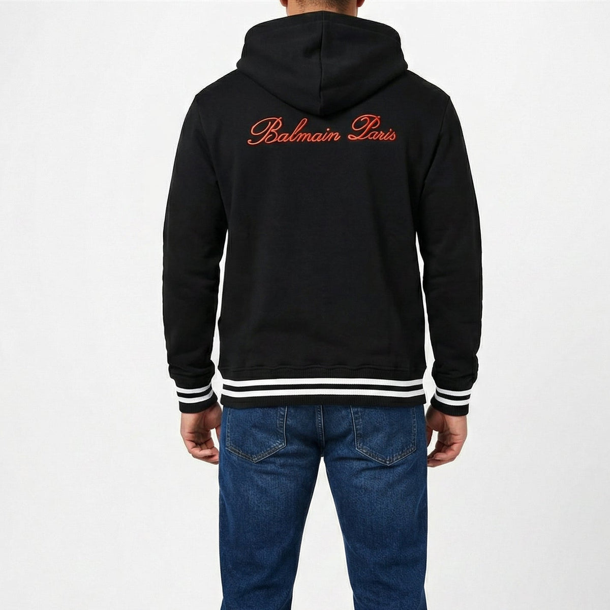 Balmain Paris Contrast Rib Hem Hoodie in Black