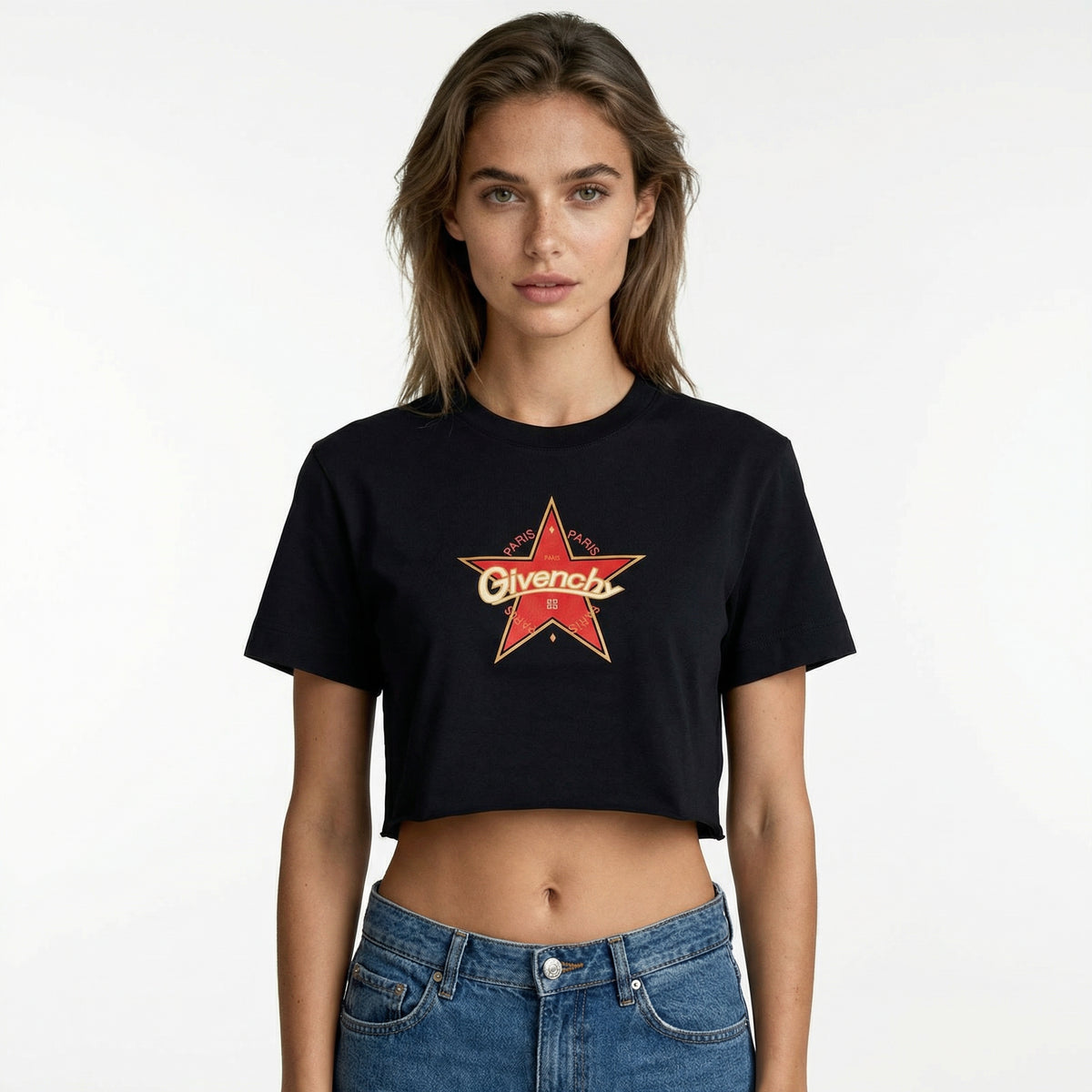 Givenchy Paris Star Logo Cropped T-Shirt in Black
